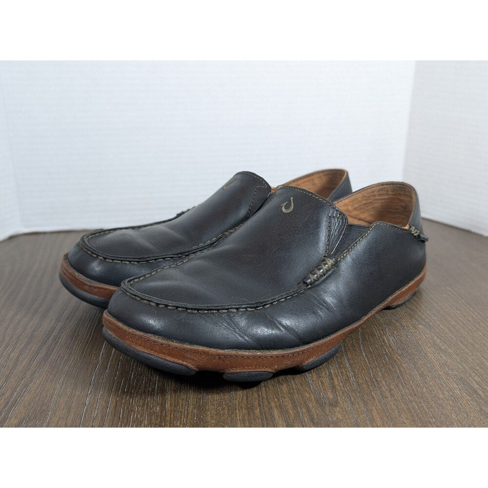 OluKai Moloa Slip On Leather Loafers Shoes Mens 10 Black Comfort Casual Logo